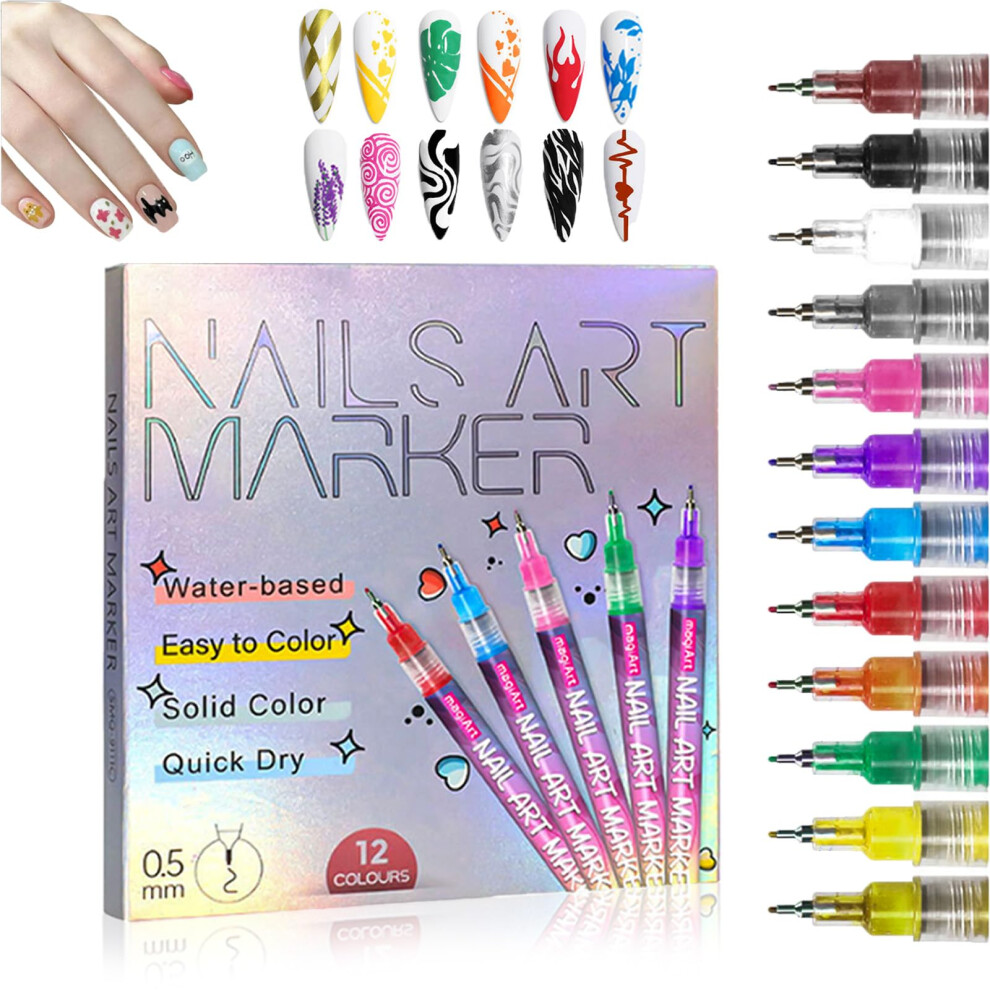 Nail Art Pens Set 12 Colors with 0.5mm Tip, DIY Nail Art Markers for Gel and Acrylic Nails