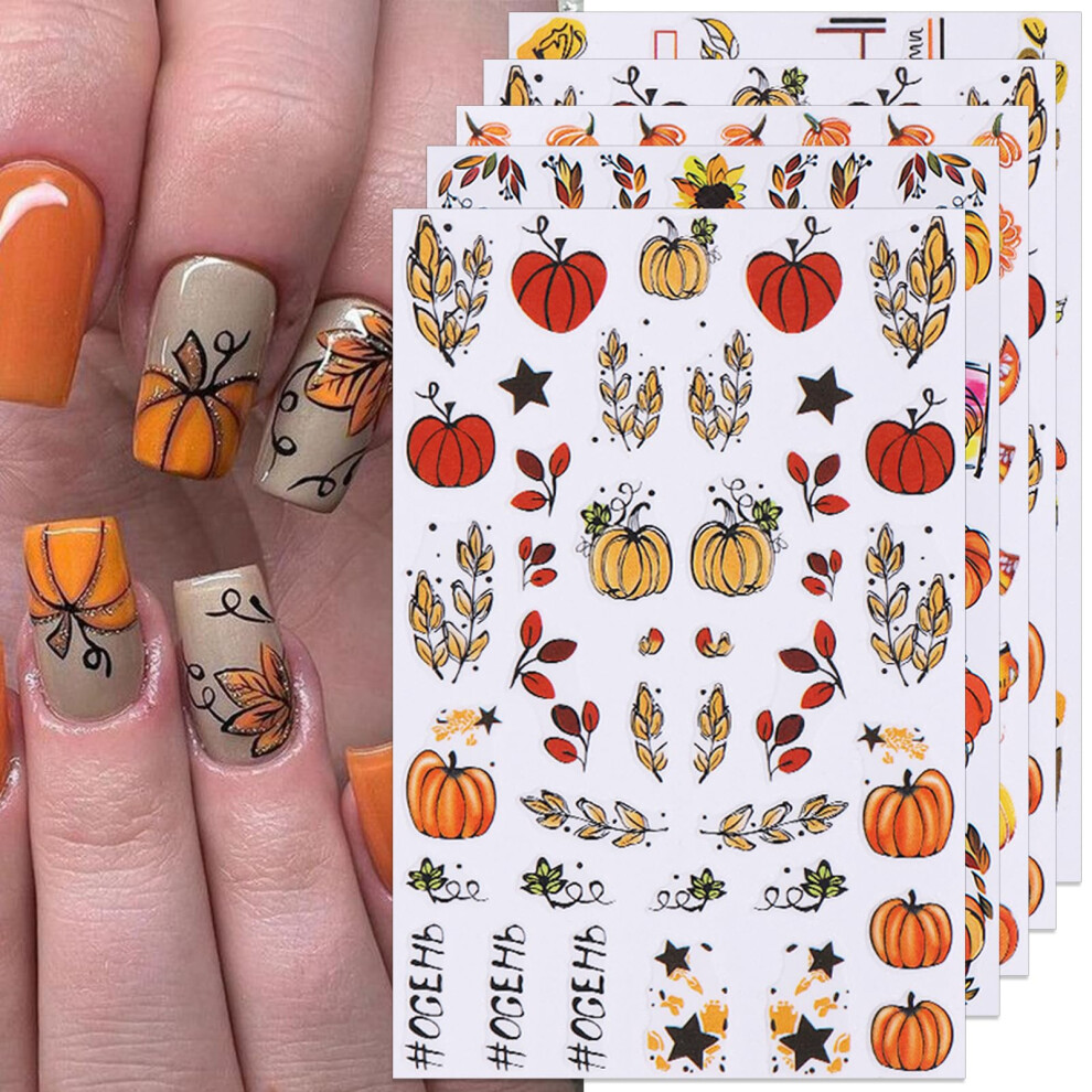 Fall Nail Stickers Autumn Pumpkin Leaf Floral SelfAdhesive 3D Nail Decals for Thanksgiving Manicure