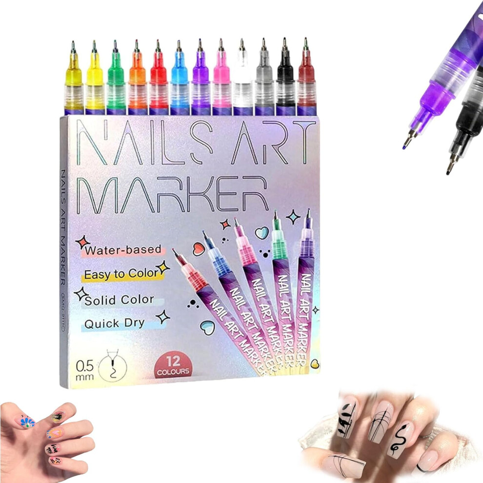 Nail Art Pens Set 12 Colors with 0.5mm Precision Tip, Waterproof Quick Dry Drawing for DIY Nails