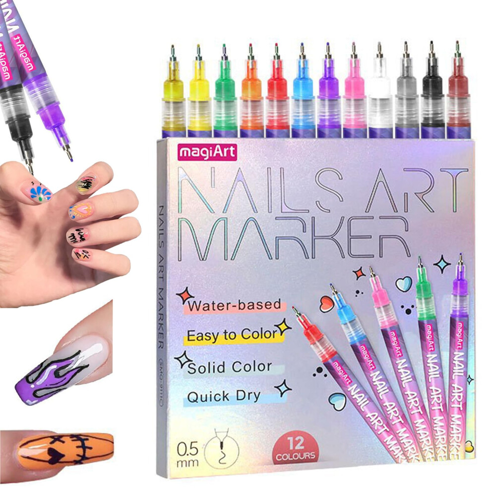 12 Colors Nail Art Pen Set with 0.5mm Precision Tip, QuickDry Waterproof Gel Polish for DIY Designs