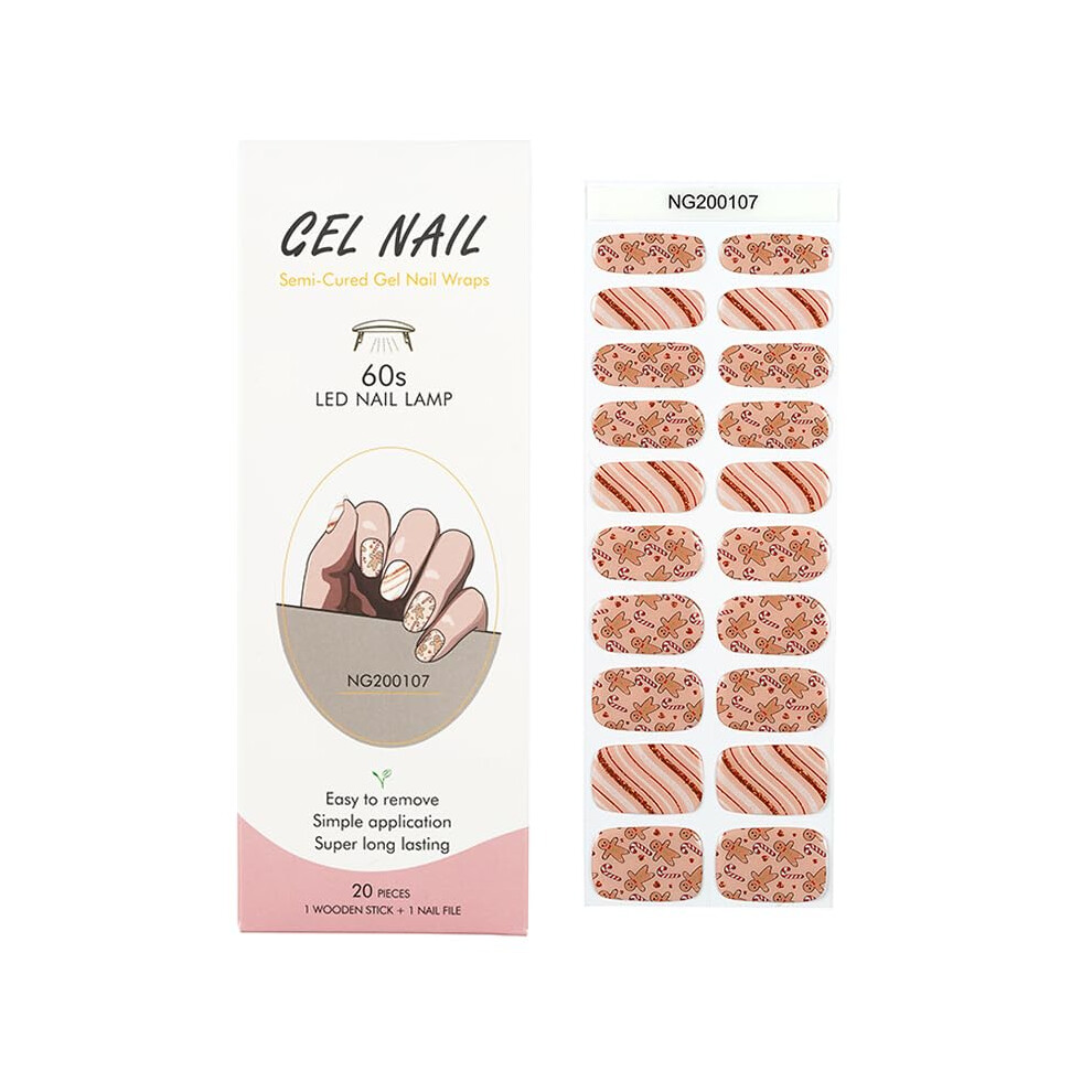 Christmas Semi Cured Gel Nail Strips 20pcs  LongLasting Salon Grade Wraps with Festive Gingerbread Design