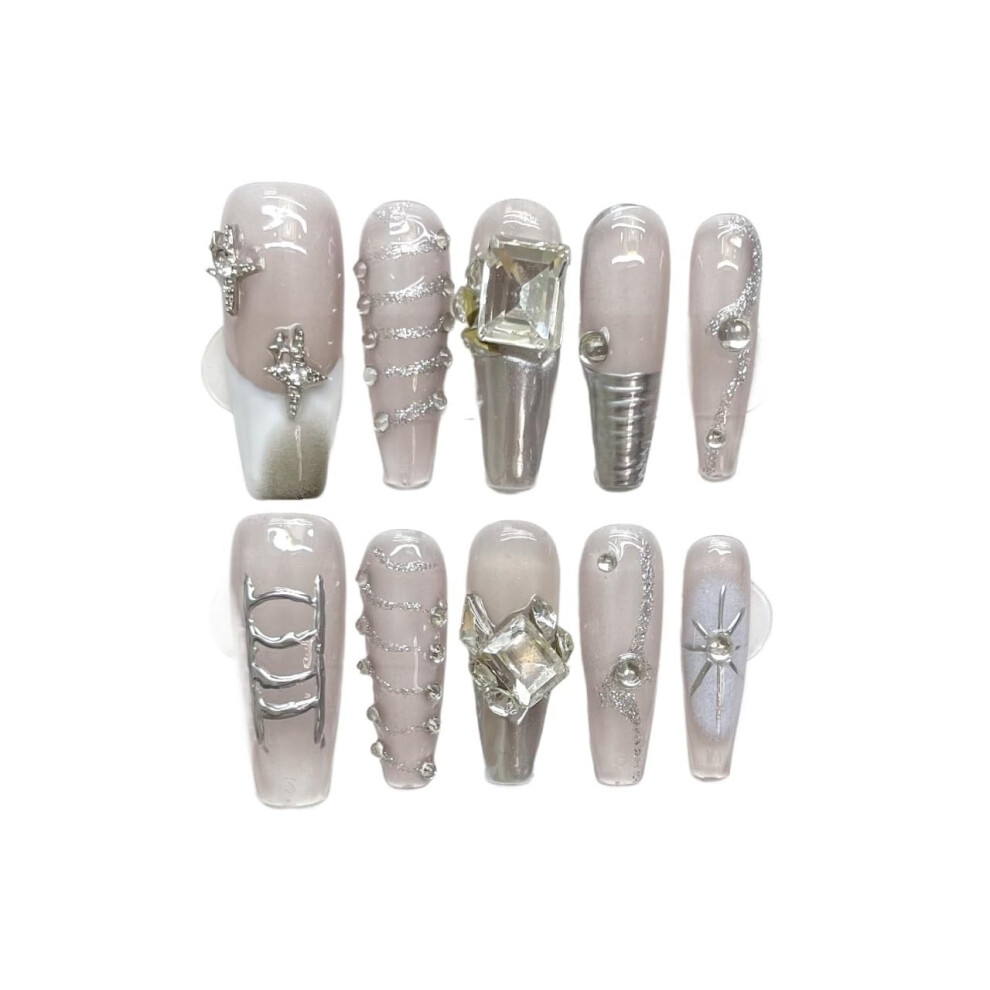 Extra Long TShaped Fake Nails with Glitter Diamond Finish, Handmade Reusable Nail Polish Patch XS