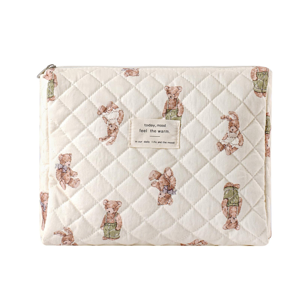 Quilted Floral Makeup Bag Cotton Travel Cosmetic Pouch for Women Girls Spacious Toiletry Organizer
