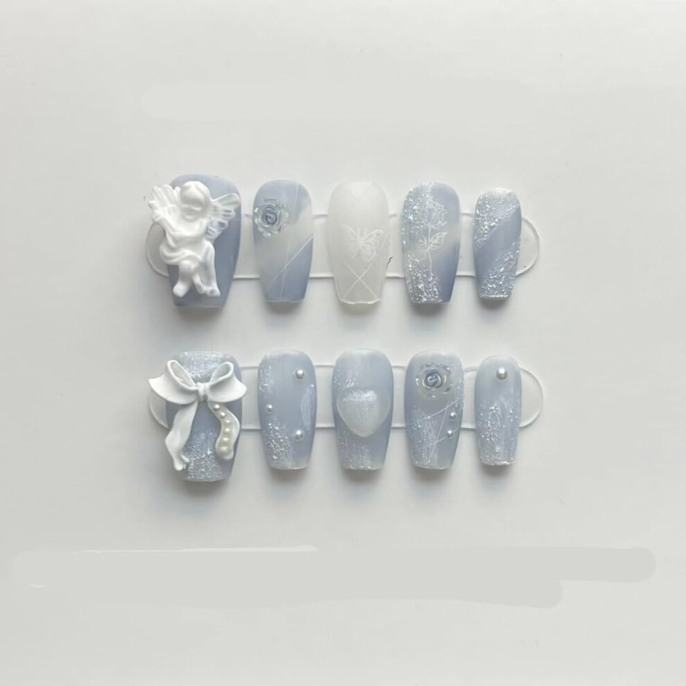 Short Blue Press On Nails with Elegant Finish, Handmade Fake Nails for Weddings, 1 Count