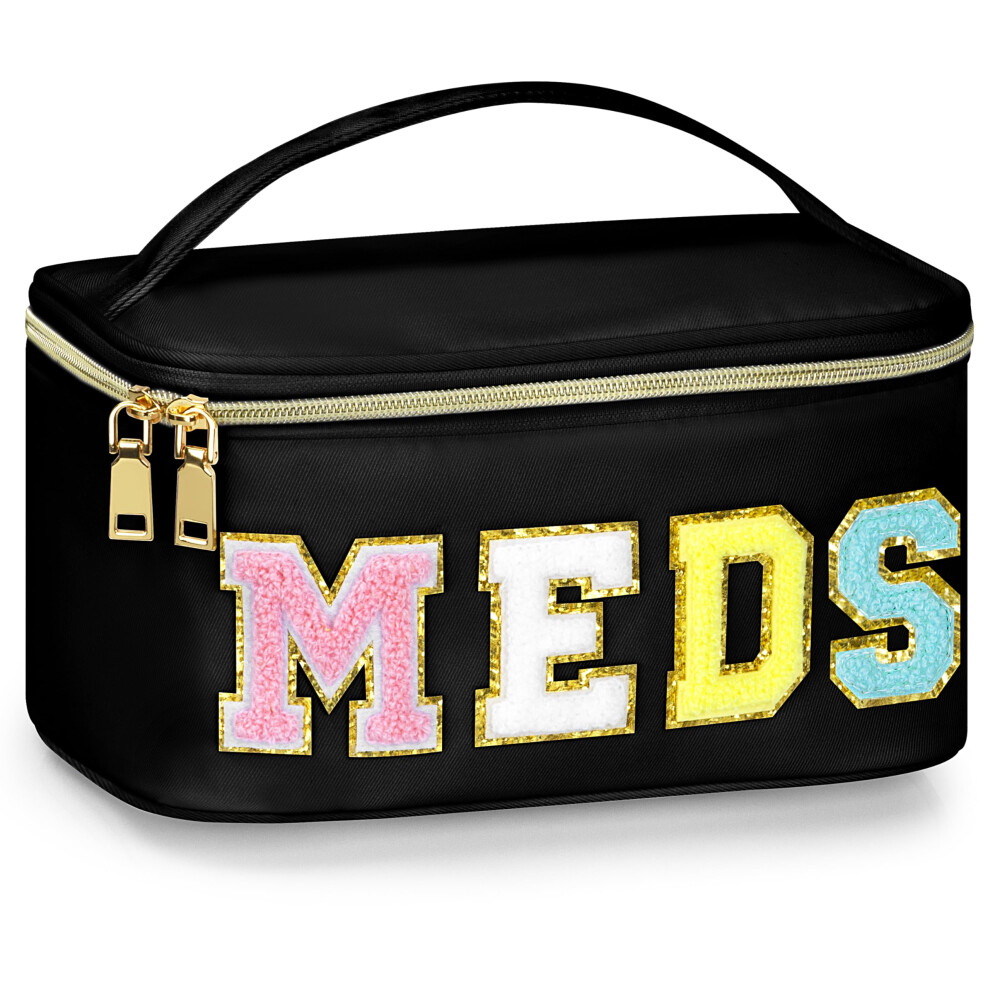 Medicine Bag with Chenille Letters, Nylon Travel Cosmetic Toiletry Pouch with Zipper and Handle, Black