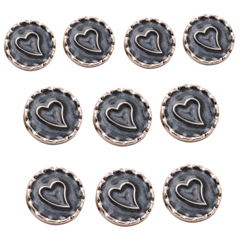 10Pcs Heart Button Round Metal Button with Hole for-Black M