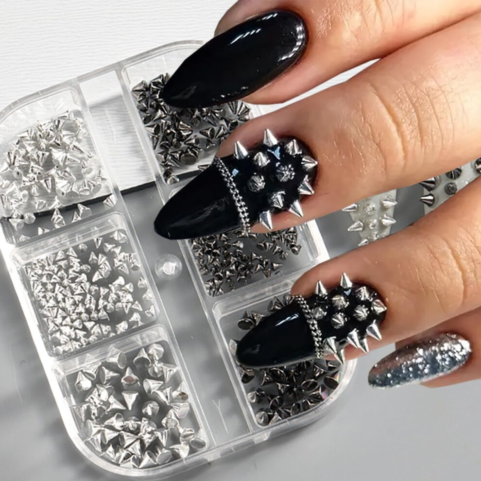 Silver 6 Grid Gothic Punk Nail Charms Set Black Spike Studs Metallic Rivets For Acrylic Nails