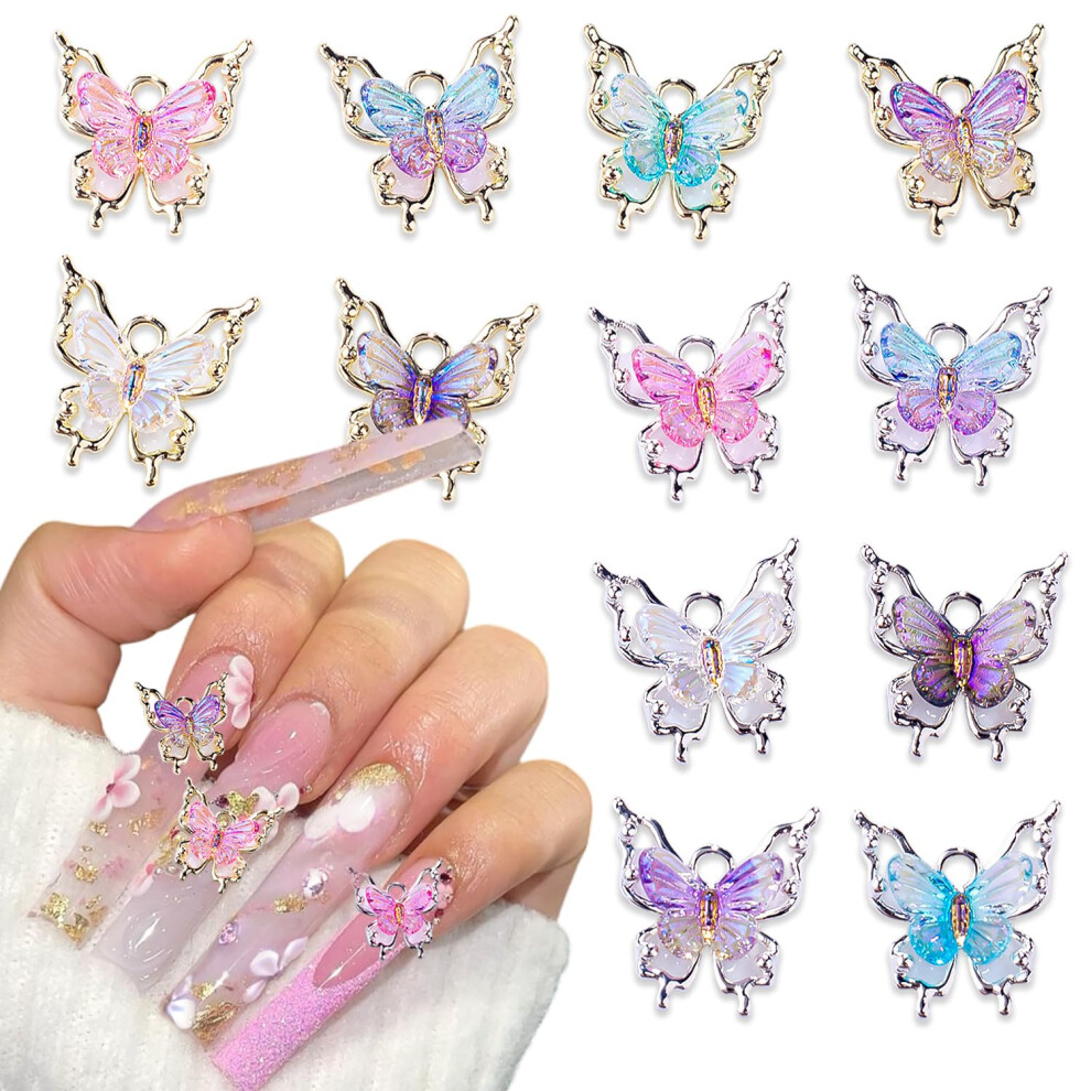 Gold/Silver 12Pcs 3D Butterfly Nail Charms Aurora Bling Rhinestone Decorations For Acrylic Nails