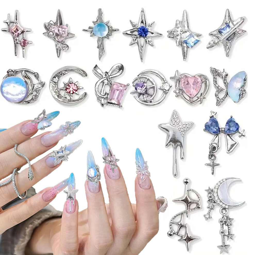 Y2K Moon and Star Nail Charms Silver Alloy Crystal Dangle Rhinestones for Acrylic Nails