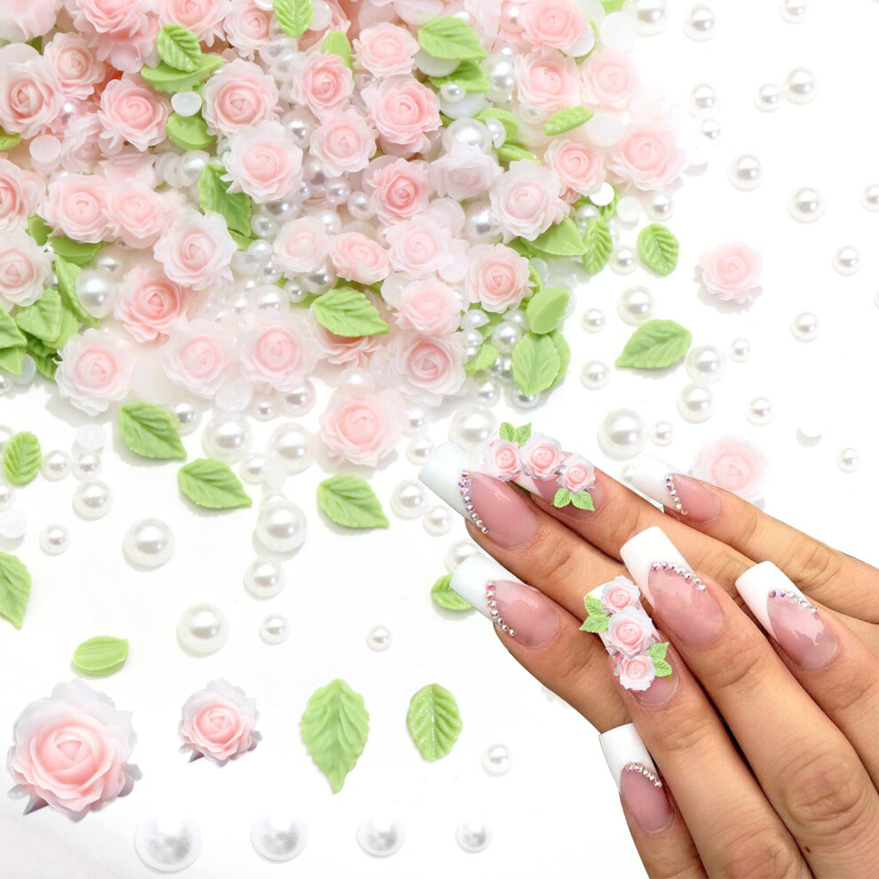 Pink/Green 300Pcs 3D Flower Nail Art Charms Rose And Leaf Decorations With Flatback Pearls Mixed Size