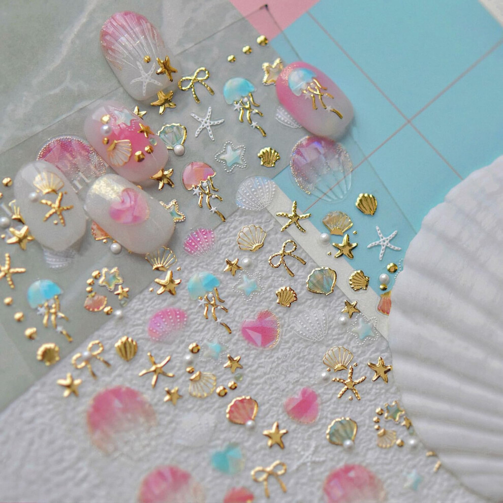 Gold 5D Selfadhesive Ocean Nail Art Stickers With Shell And Starfish, Summer Nail Decoration