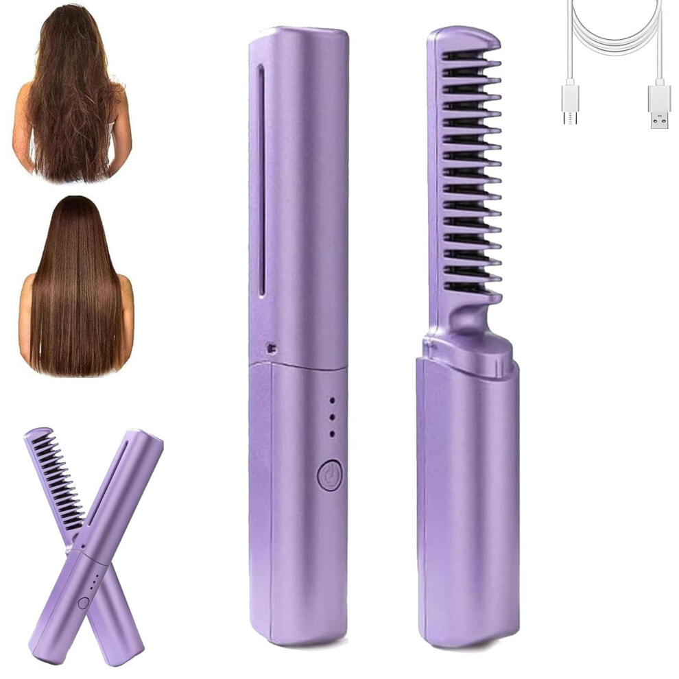 Purple Cordless Ceramic Hair Straightener Comb Usb Rechargeable Frizz Styling 3 Heat Settings