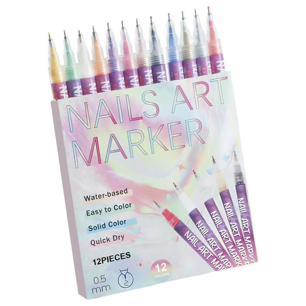 Nail Art Pens Set of 12 with 0.5mm Precision Tip, Gel Nail Polish Markers for Salon and DIY Designs