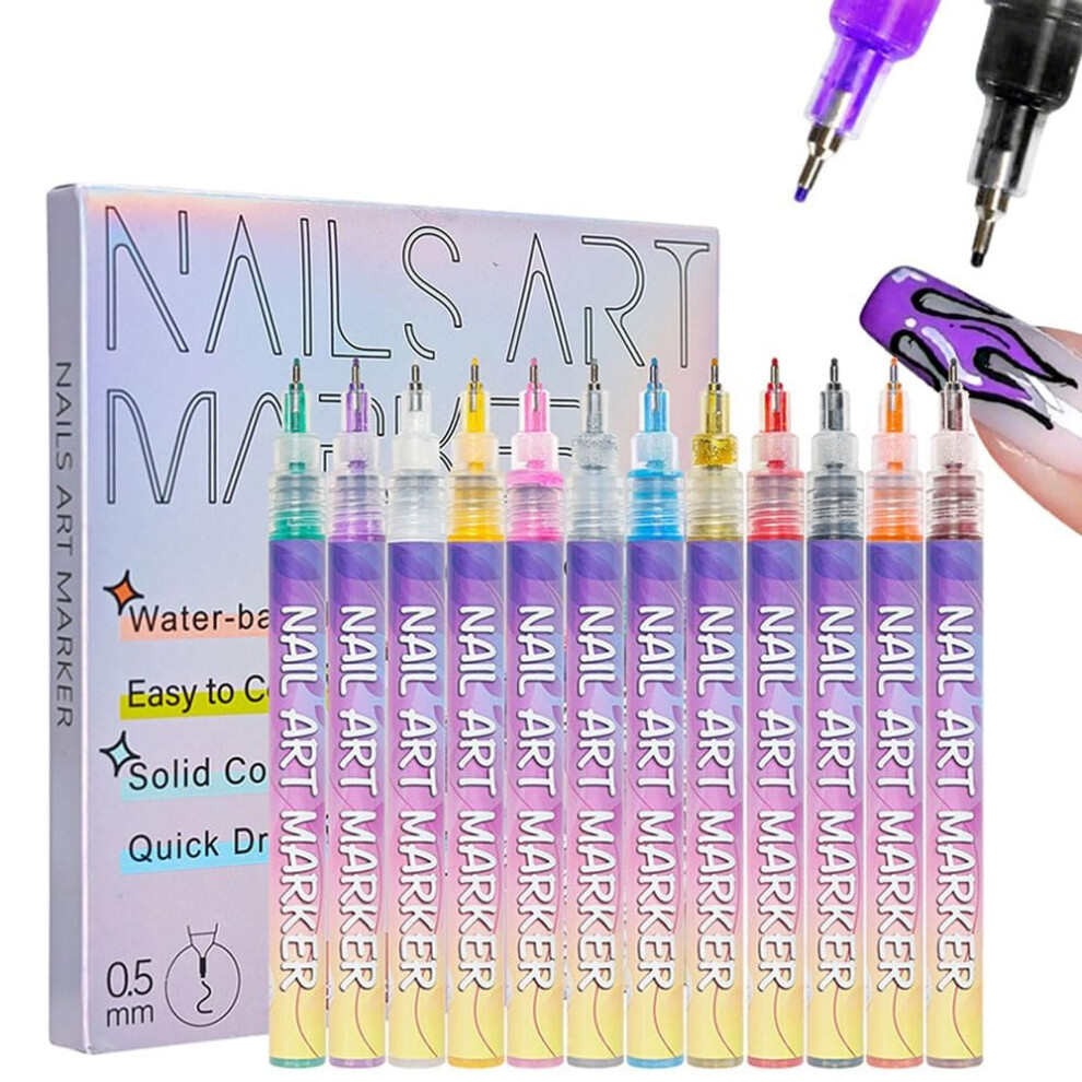 12 Color Nail Art Pens Set with 0.5mm Precision Tip and Fast Dry Ink for DIY 3D Nail Designs