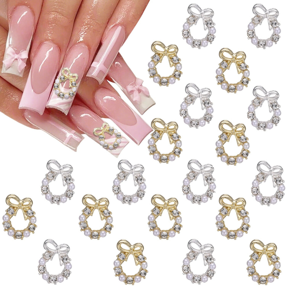 Gold/Silver Christmas Nail Charms With 3D Bow Pearl Gems, Winter Nail Rhinestones For Diy Manicure