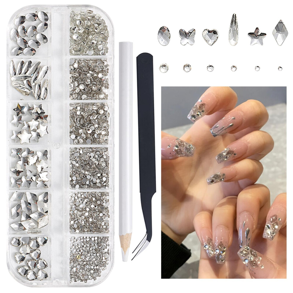 Silver Nail Art Rhinestones Kit With Mixed Shape Crystal Nail Gems And Tweezer For Manicure Crafting