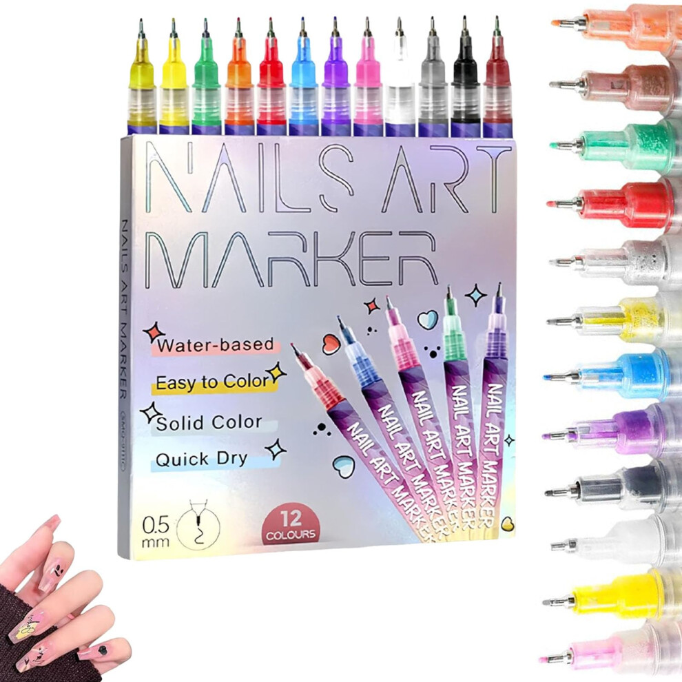 Nail Art Pens Set 12 Vibrant Colors with 0.5mm Precision Tip, Waterproof Acrylic Ink for Kids and Adults