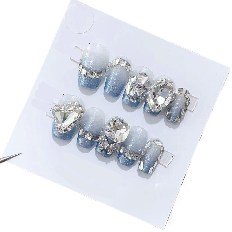 Blue Handmade Short False Nails Medium Size Â Detachable Press On For Summer Natural Look