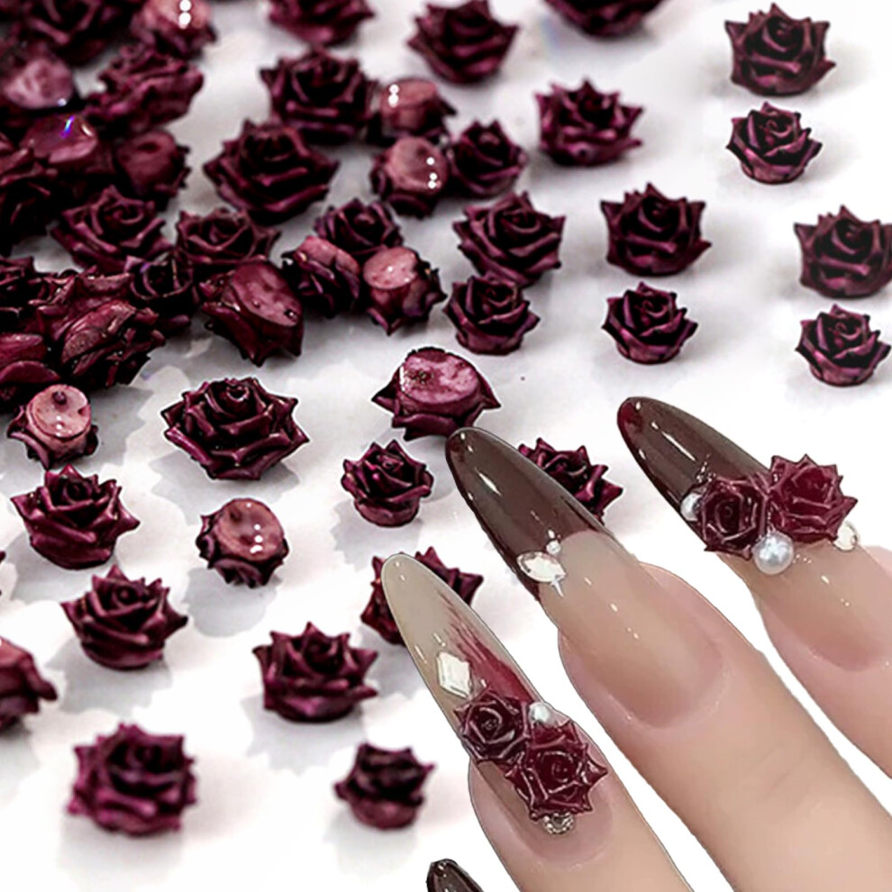 Burgundy 100 Pcs 3D Rose Nail Charms, Elegant Resin Flower Nail Art Decorations For Diy Nails