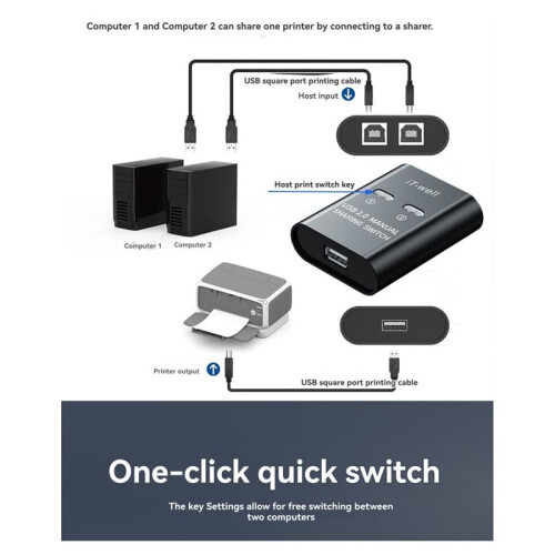 IT-Well USB Printer  HUB 2 Port Printing Switcher Box 2 Input 1 Output Cable Splitter for 2 Computers Share Printer Black 1