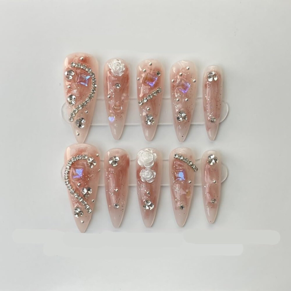 Pink Almond Press On Nails Reusable Almond Shape Fake Nails Handmade Easy Apply Remove M Size
