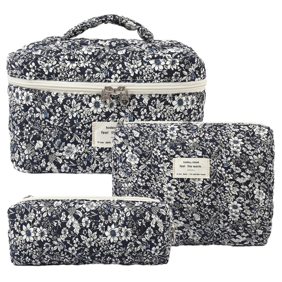 Makeup Bag Set Floral Quilted Cotton 3 Piece Cosmetic Bags for Women with Wide Opening Zipper