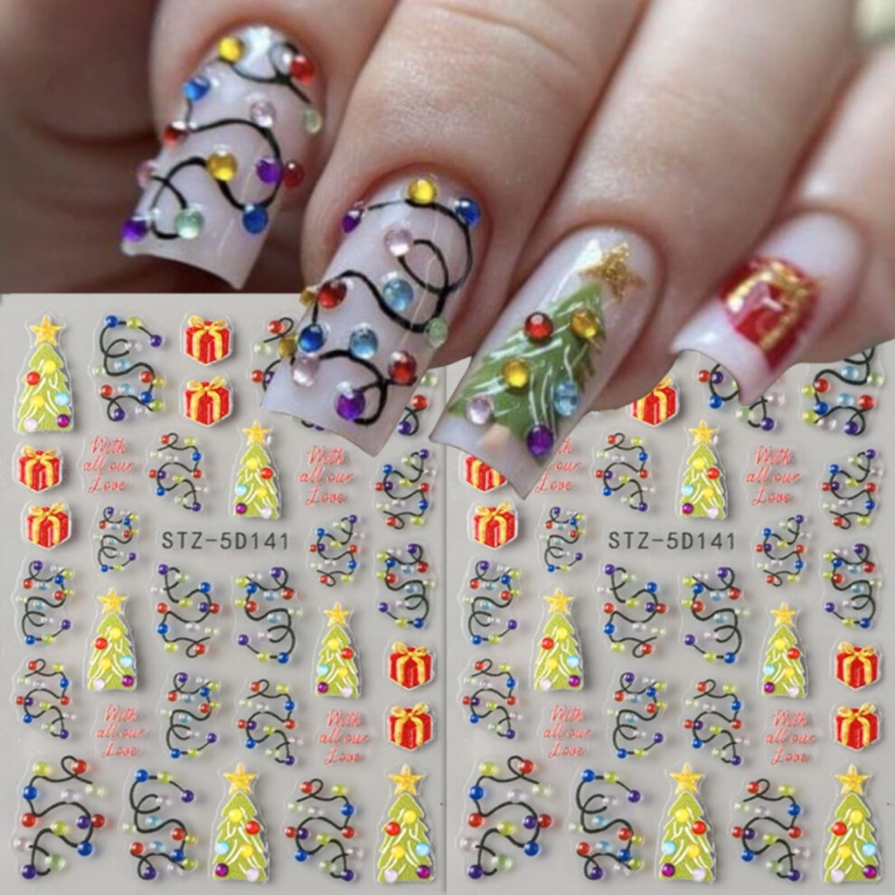 Light Christmas Nail Stickers 5D Embossed Holiday Tree And Decals Longlasting Festive Nail Art
