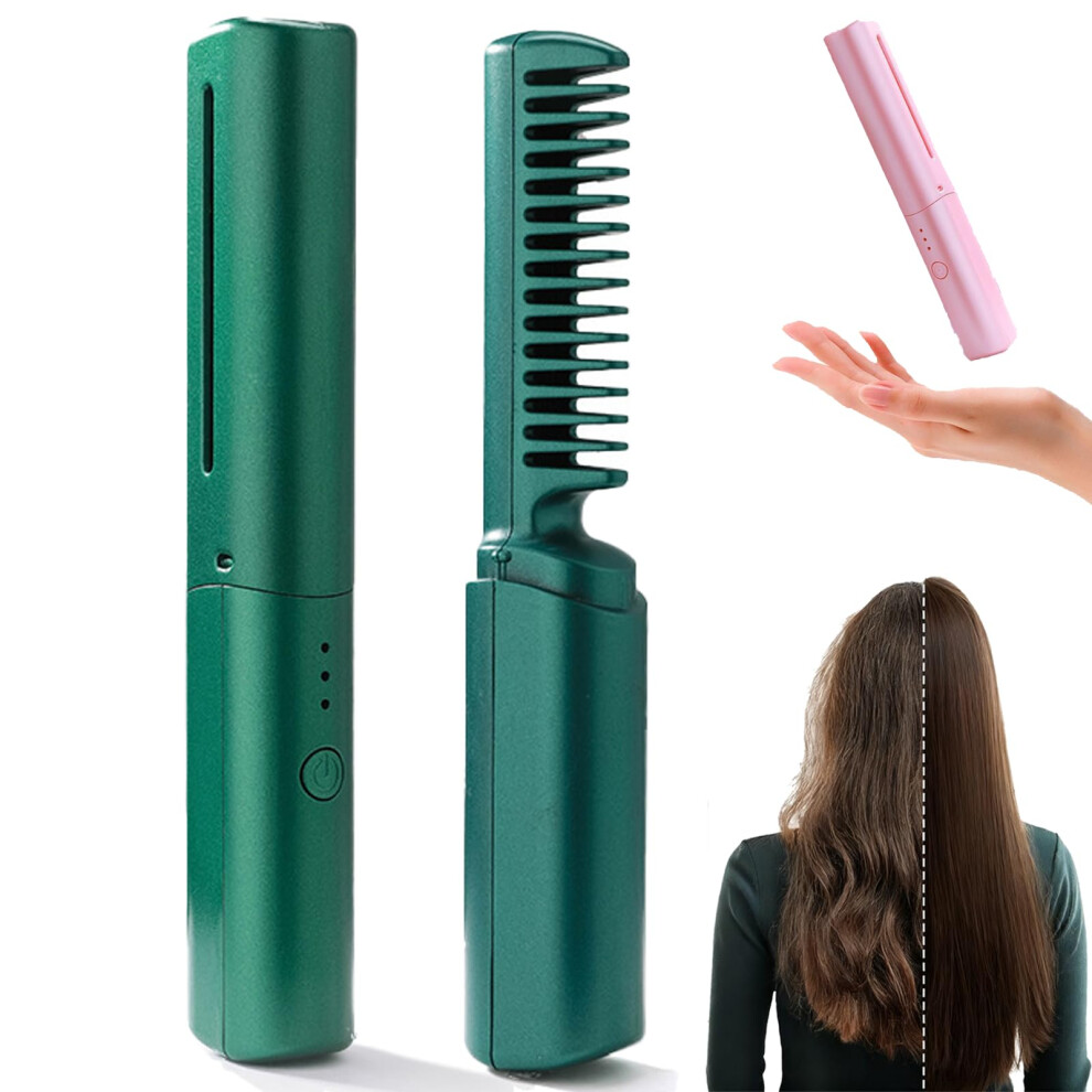 Green Ceramic Hair Straightening Brush, Usb Rechargeable Cordless 2 In 1 Antistatic Styling Comb