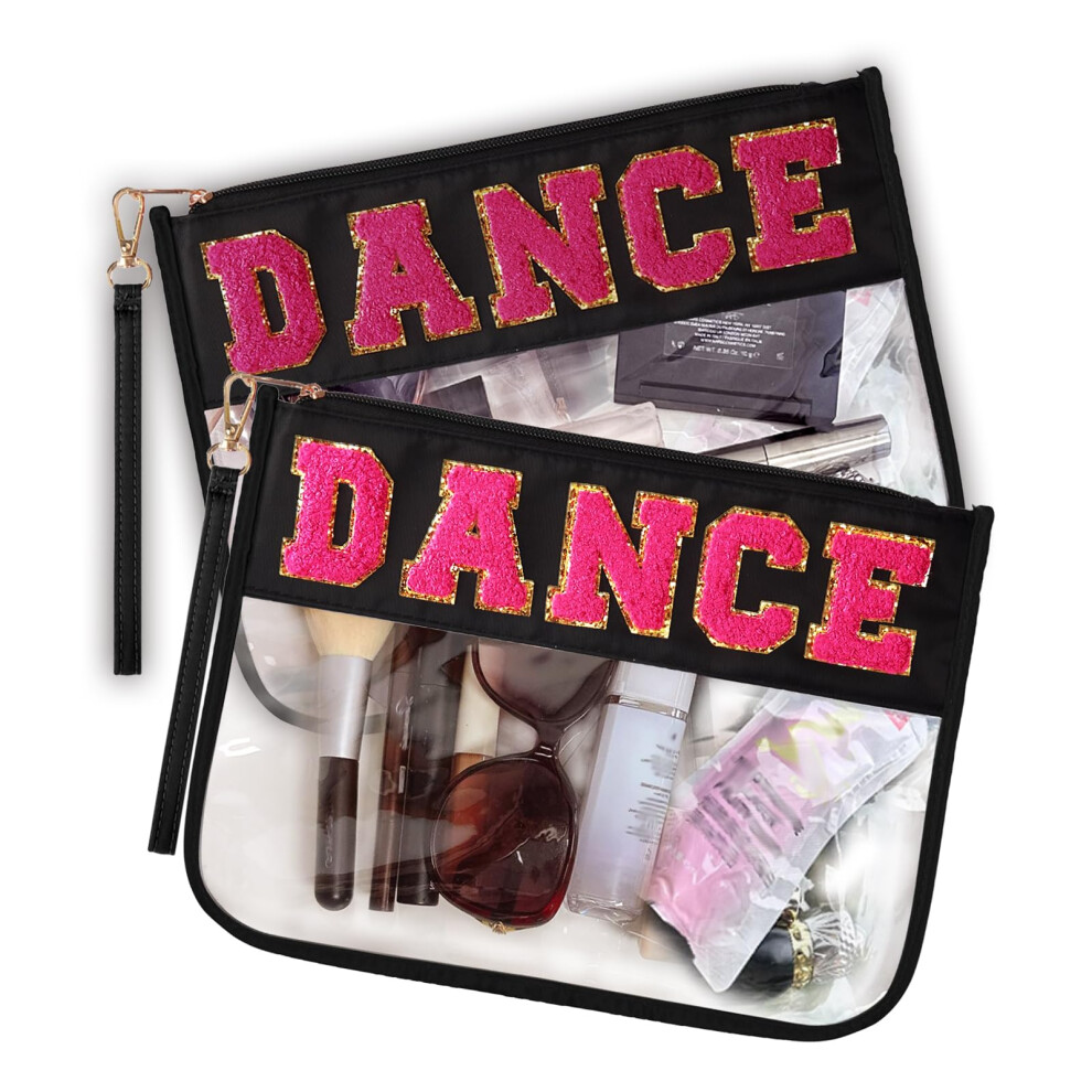 2PCS Waterproof Clear Dance Makeup Bag Ballet Cosmetic Pouch with Chenille Letters Black