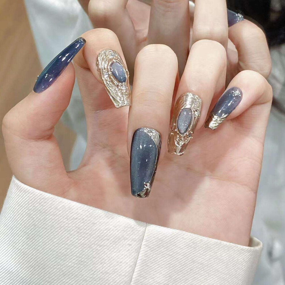 Blue Cat Eye Press On Nails Long Coffin Fake Nails Detachable Reusable Handcrafted 1 Count Gray