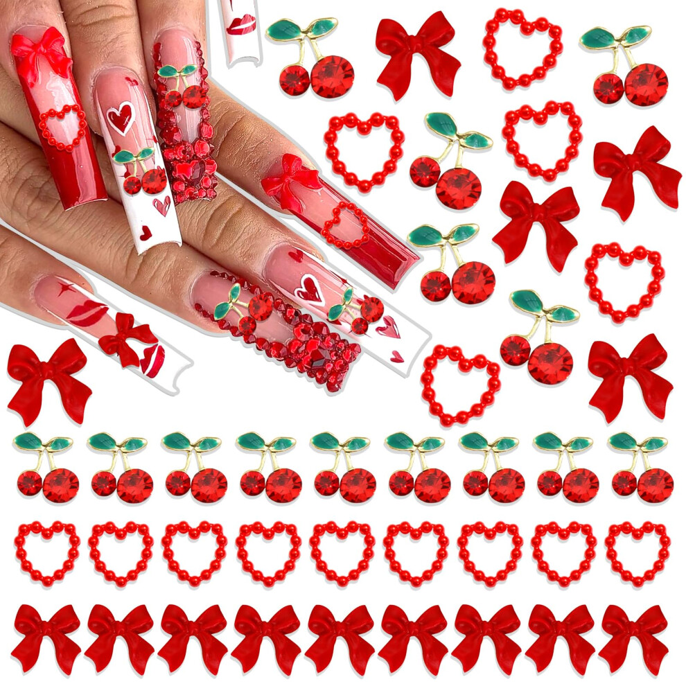 Red Nail Charms Bow Heart Cherry Acrylic Alloy With Rhinestones For Diy Nail Art Decorations 120Pcs