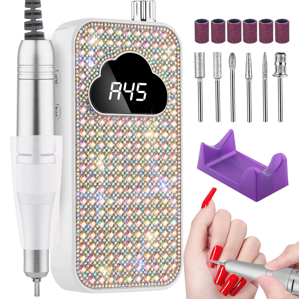 Electric Nail Drill 45000RPM Cordless Rechargeable for Acrylic Nails with 6 Bits Low Noise