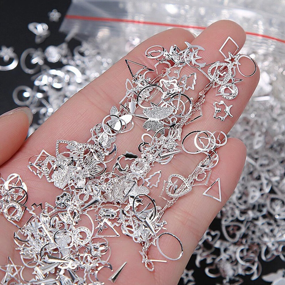 900pcs 3D Nail Art Charms Set Silver Alloy Rhinestones Heart Tree Moon Studs for DIY Manicure