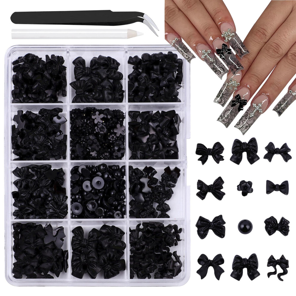 Black 3D Nail Art Charms Set With Butterfly, Bow And Pearl Decorations For Diy Manicure