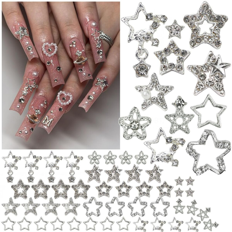 Silver 48Pcs 3D Star Nail Charms For Acrylic Nails, Pentagram Rhinestones Nail Art Decorations