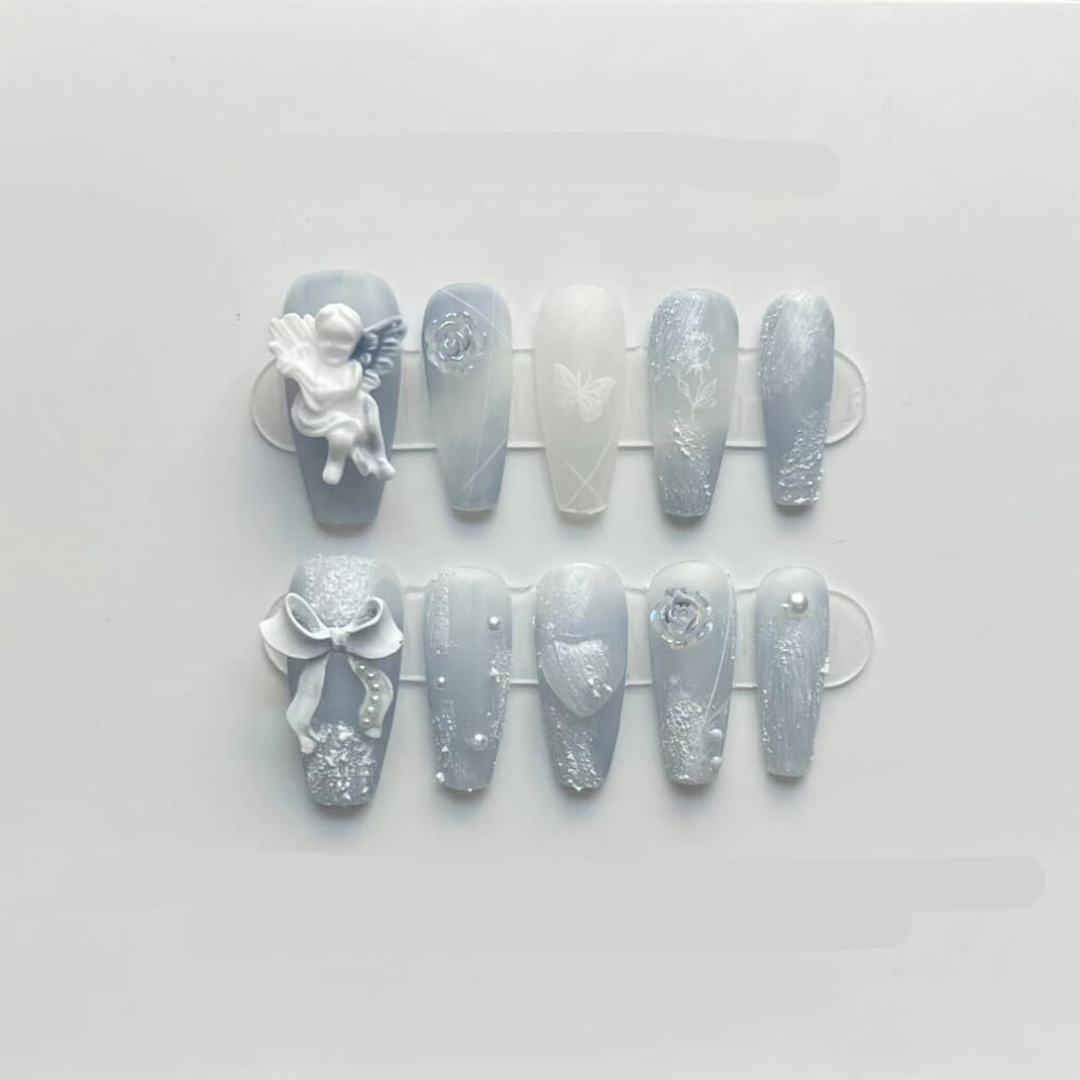 Handmade Blue Press On Nails with Elegant Finish, Long Nail Tips for Weddings, 1 Count