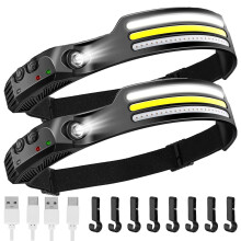 Head Torch Rechargeable 2 Pack 230Degree Wide LED Headband 8 Modes Motion Sensor 350 Lumens Waterproof 8 Hard Hat Clips