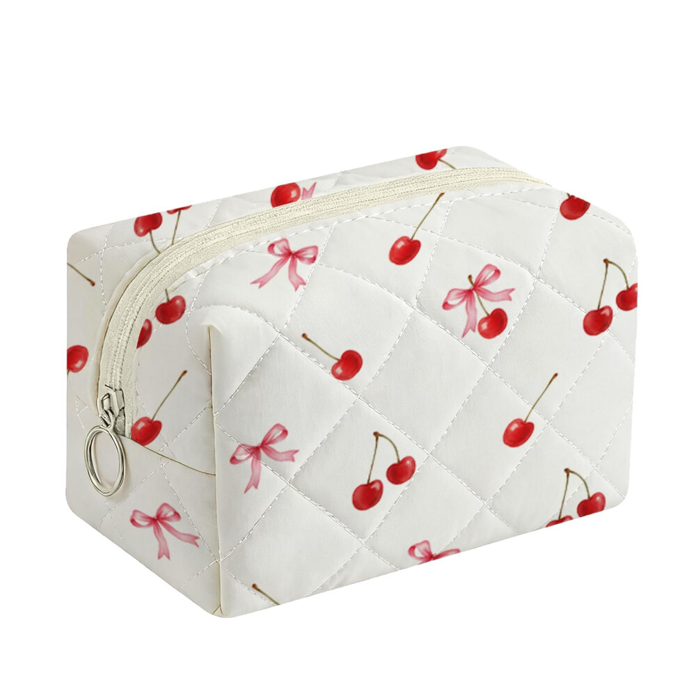 Pink Quilted Cotton Makeup Bag With Cherry Bow, Stylish Cosmetic Pouch For Travel Toiletry Storage