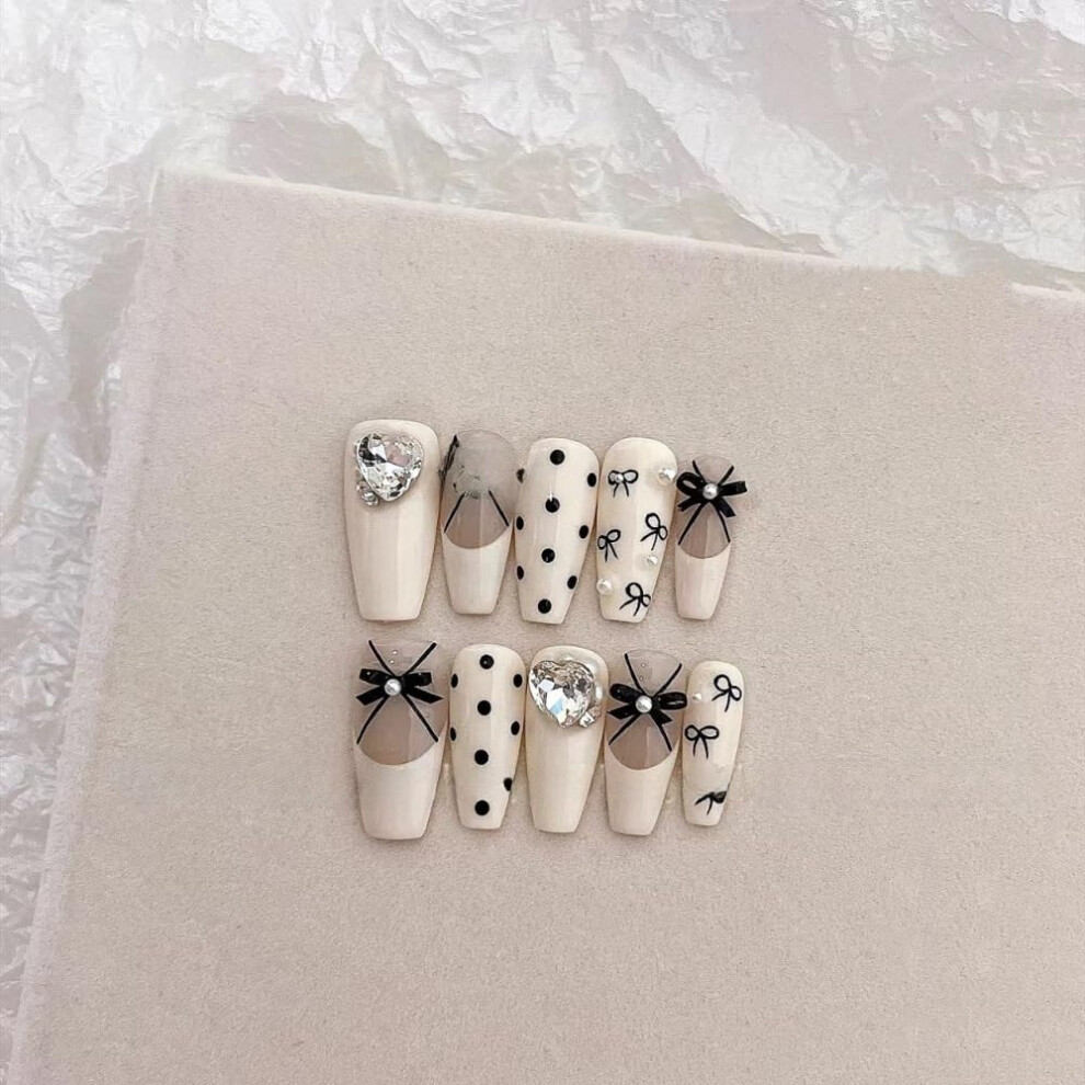 Handmade Press On Nails with Long French Bow Accent, Detachable Fake Nails Size M 1 Count
