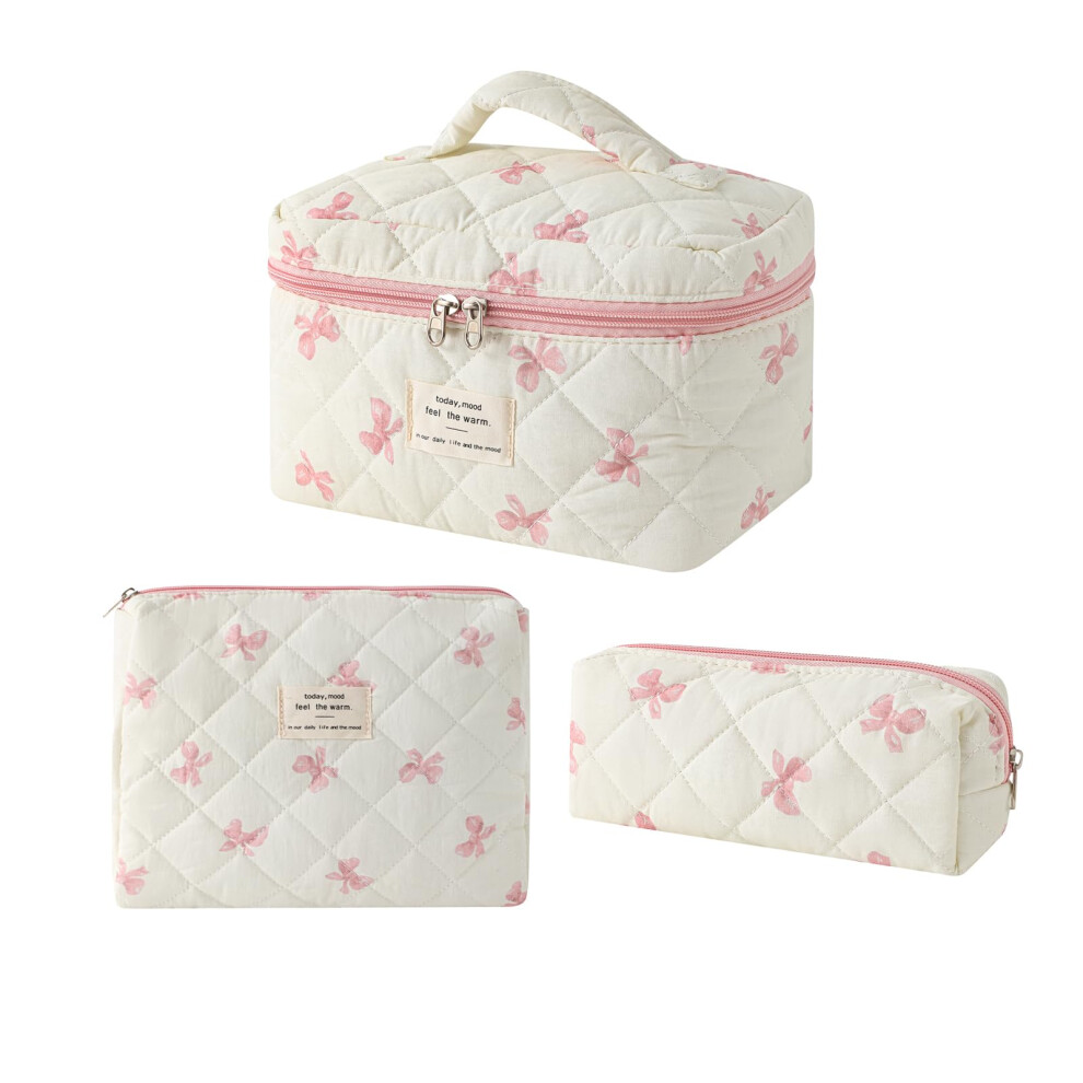 3Pcs Large Cotton Quilted Makeup Bag Set, Floral Cosmetic Travel Bags with Bows for Women Girls