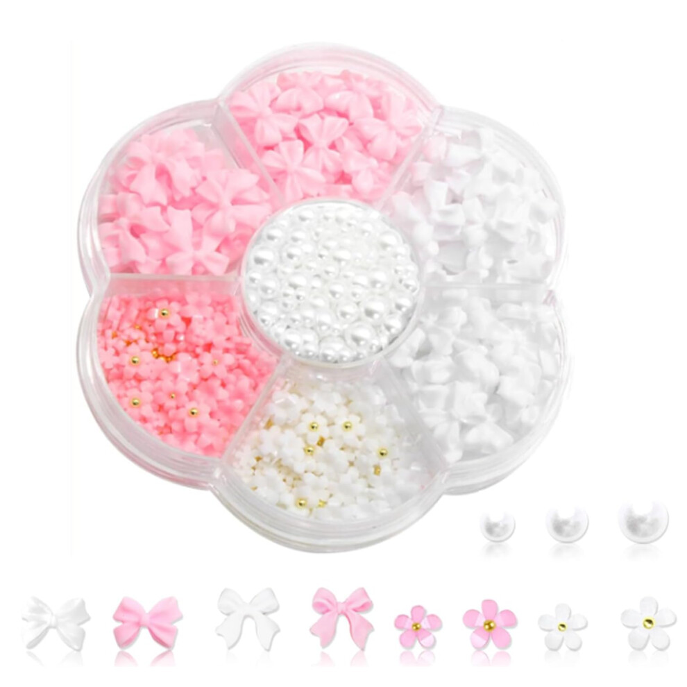 Pink/White 300Pcs Nail Art Charms With Flatback Pearls, 3D Bow Flower Decorations For Acrylic Nails