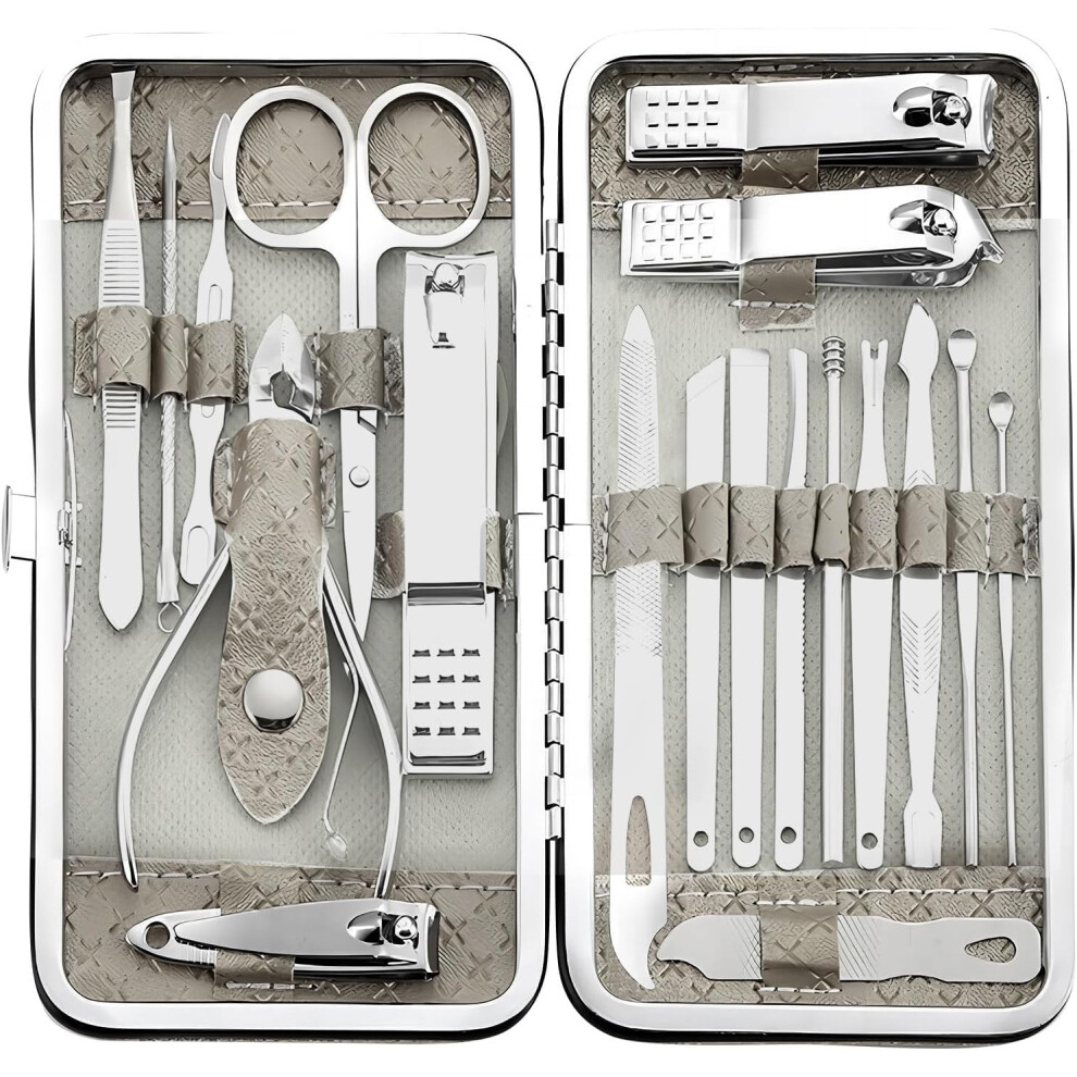 Gray Manicure Pedicure Set 19Pc Stainless Steel Nail Clippers Kit With Case For Travel And Home (Gray)