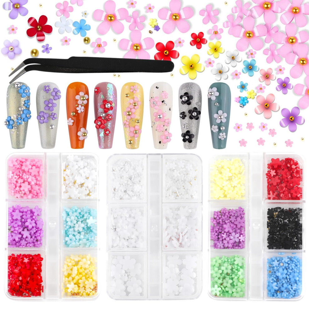 3D Flower Nail Charms with Pearls and Rhinestones, Acrylic Nail Art Kit with Tweezers