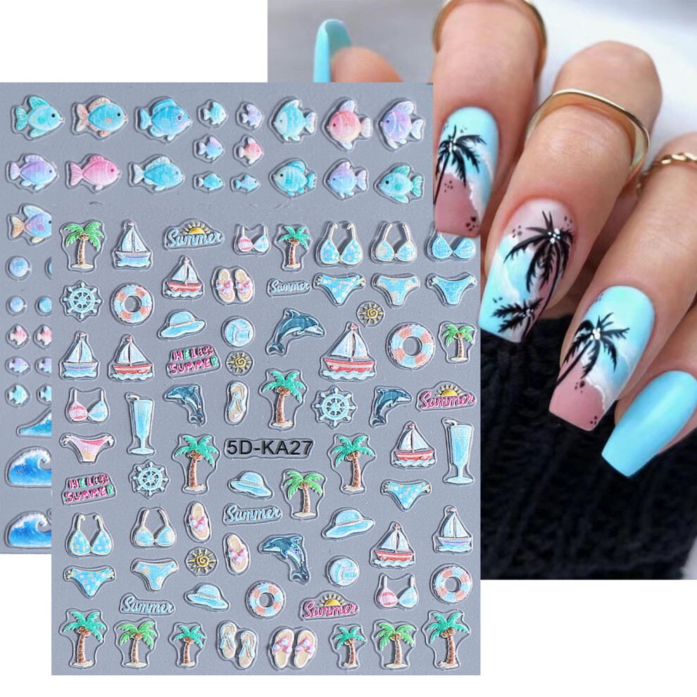 Blue Nail Art Stickers Summer 5D Embossed Ocean Decals Tropical Beach Wave Fish Palm Tree 2Pcs