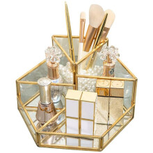 Stylish Design Vanity Organizer Tray, Luxury Cosmetic Organizer with Gold Metal Trim for Managing Countertops, Bathrooms, and Dressers (Gold, Clear)