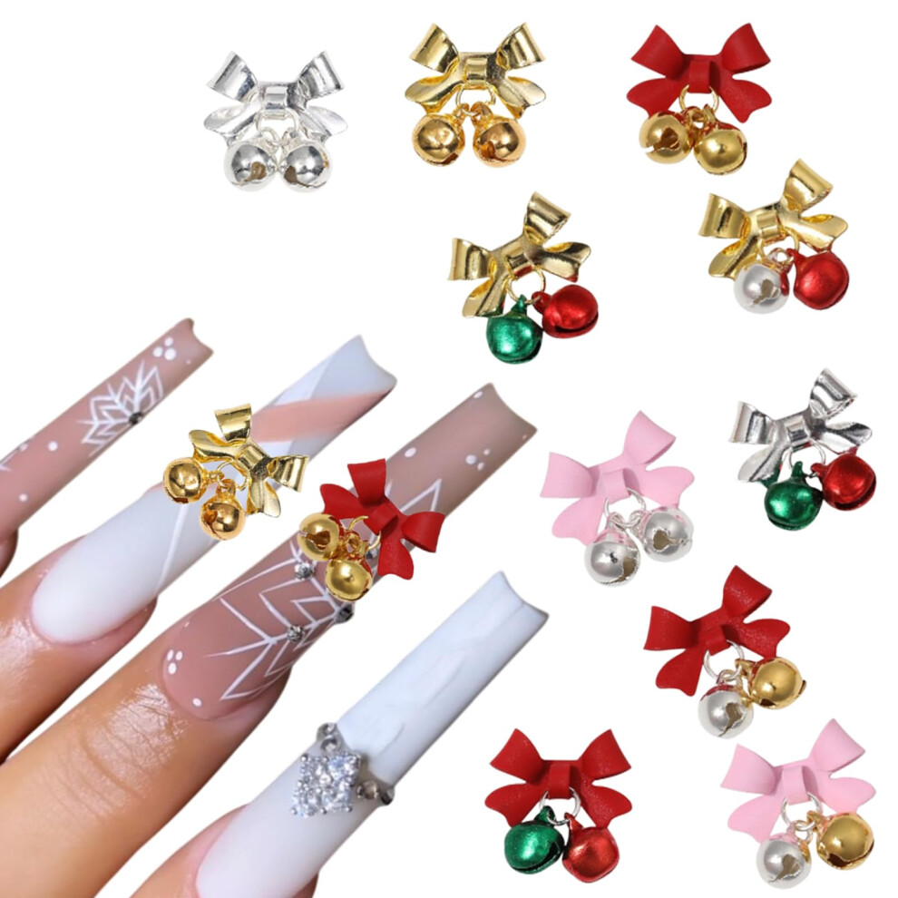 Christmas Nail Charms 10Pcs 3D Bell Design Gold and Silver Bow Crystal Nail Art Decorations