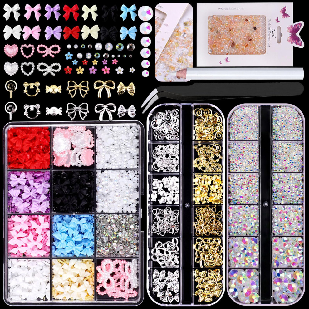 Nail Art Charms 3D Decorations Mixed Color Rhinestone Kit with Tweezers for DIY Manicure