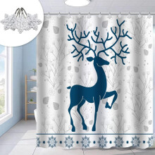 Winterweihnachtlicher Duschvorhang, rustikaler Festtagsstoff, 183 x 183 cm, pflegeleicht, maschinenwaschbar, blau-weiß, inklusive Haken für