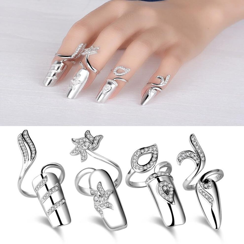Silver Nail Art Rings Set Rhinestone Adjustable Fingernail Tip Rings For Women 4Pcs