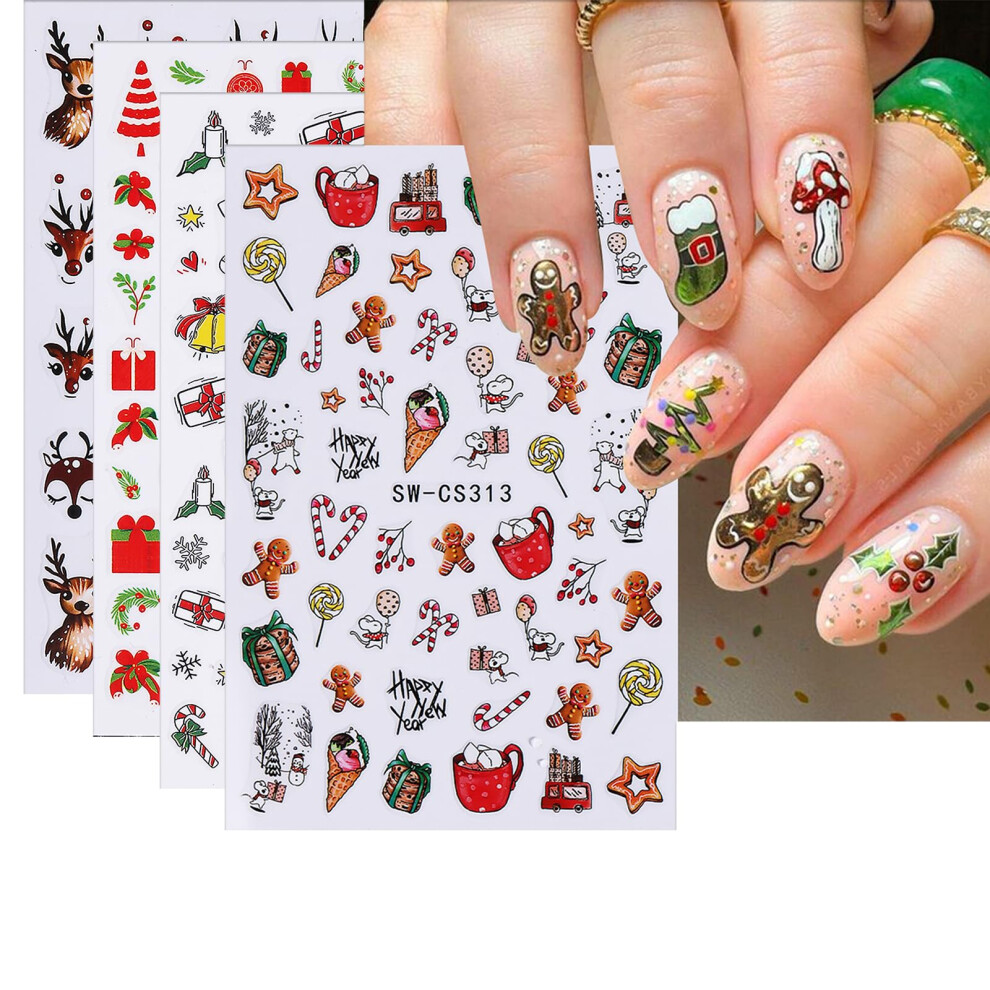 Christmas Nail Stickers 3D Santa Reindeer Gingerbread SelfAdhesive Holiday Nail Art Decals 4Pcs